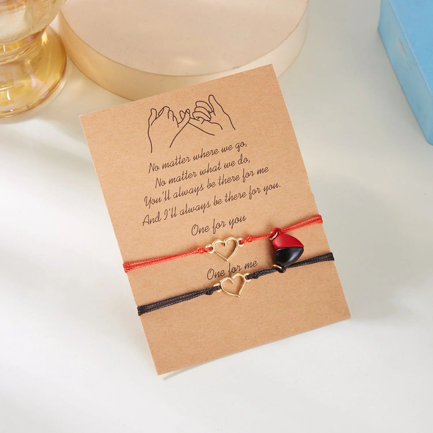 Bracelets pour Couples Gourmette Magnétique Coeur et Electrocardiogramme rouge et noir