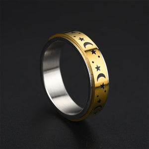 Bague Anneau Anti-Stress Tournant Etoiles et Lunes or