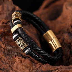 Bracelet Noir En Cuir Mythologie Viking or3