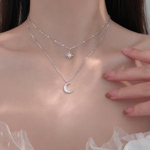 Double Collier Pendentif Lune et Étoile pour Femme