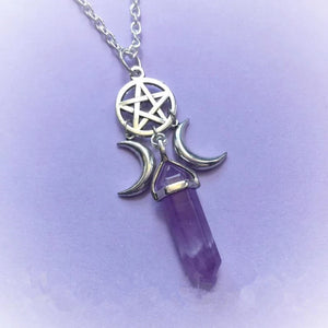 Collier Pendentif Triple Lune Sorcellerie Wiccan Femme Pentacle violet