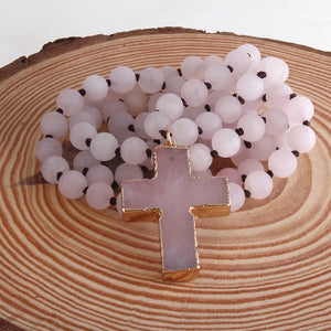 Chapelet Croix Collier Pendentif en Pierres Naturelles rose