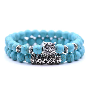 Bracelet Chouette - Gourmette Hiboux Perles bleu ciel