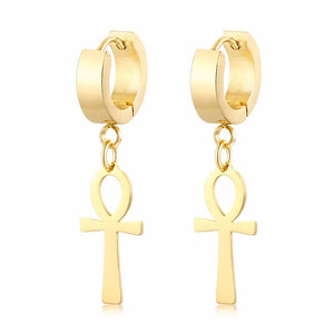 Boucles D'Oreilles Pendantes Style Egyptien Croix D'Ankh or