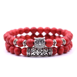 Bracelet Chouette - Gourmette Hiboux Perles rouge