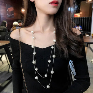 Long Collier Double avec Grandes Perles Blanches argent