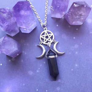 Collier Pendentif Triple Lune Sorcellerie Wiccan Femme Pentacle noir