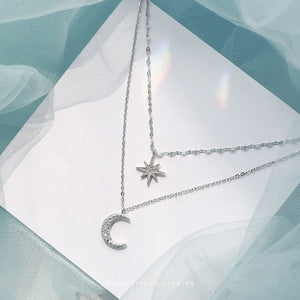 Double Collier Pendentif Lune et Étoile pour Femme