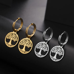 Boucles d'Oreilles Créoles Pendantes Arbre de Vie Femme argent