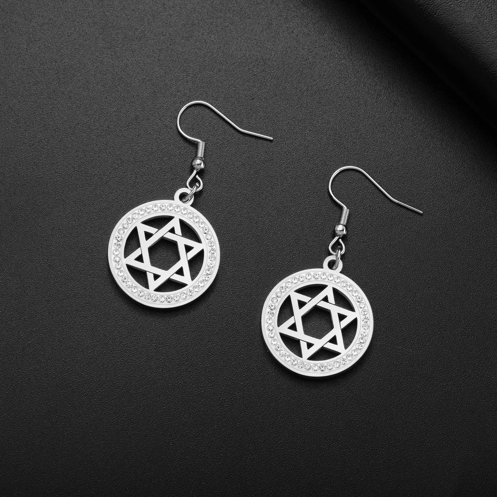 Oorbellen met hanger met de <span data-glossary-id="star-of-david">Davidster</span> en symbolische joodse strass in zilver