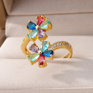 Bague Anneau Fleurs Colorées en Zircon or