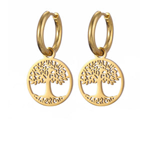 Boucles d'Oreilles Créoles Pendantes Arbre de Vie Femme or