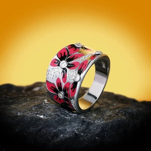 Bague Anneau Fleurs Rouges avec Zircon