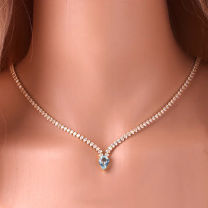 Charmant Collier Ras de Cou Pendentif Goutte d'Eau et Zircon argent et bleu