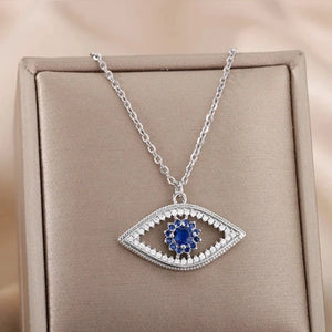 Collier Avec Pendentif Zircon Contre Mauvais Oeil Bleu Turc argent