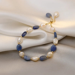 Bracelet Gourmette en Perles Naturelles Bleues et Blanches