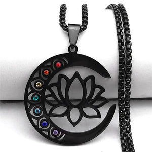 Collier Pendentif Pierres 7 Chakras Fleur de Lotus noir