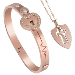 Bracelet et Collier Clé Coeur pour Couple or rose