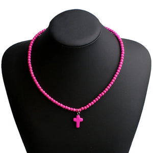 Collier Ras de Cou Pendentif Croix Pierre Naturelle Femme rose