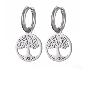 Boucles d'Oreilles Créoles Pendantes Arbre de Vie Femme argent