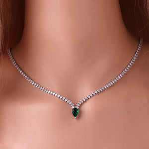 Charmant Collier Ras de Cou Pendentif Goutte d'Eau et Zircon argent et vert