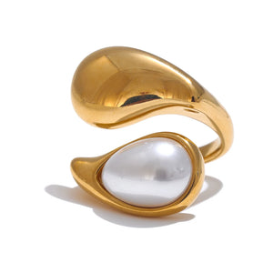 Bague Anneau Goutte d'Eau Perle Blanche or