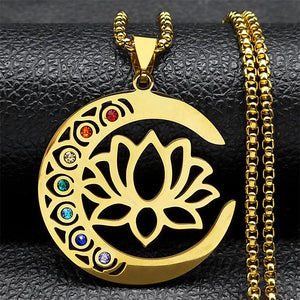 Collier Pendentif Pierres 7 Chakras Fleur de Lotus or