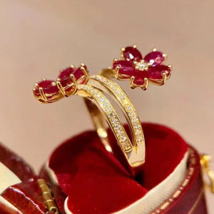 Bague Anneau Fleurs Rouges et Zircon