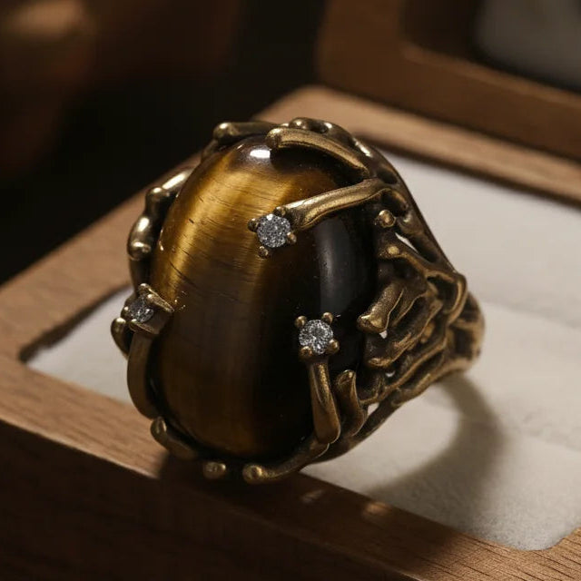 Verstelbare goudkleurige ring met tijgeroogsteen in vintage stijl
