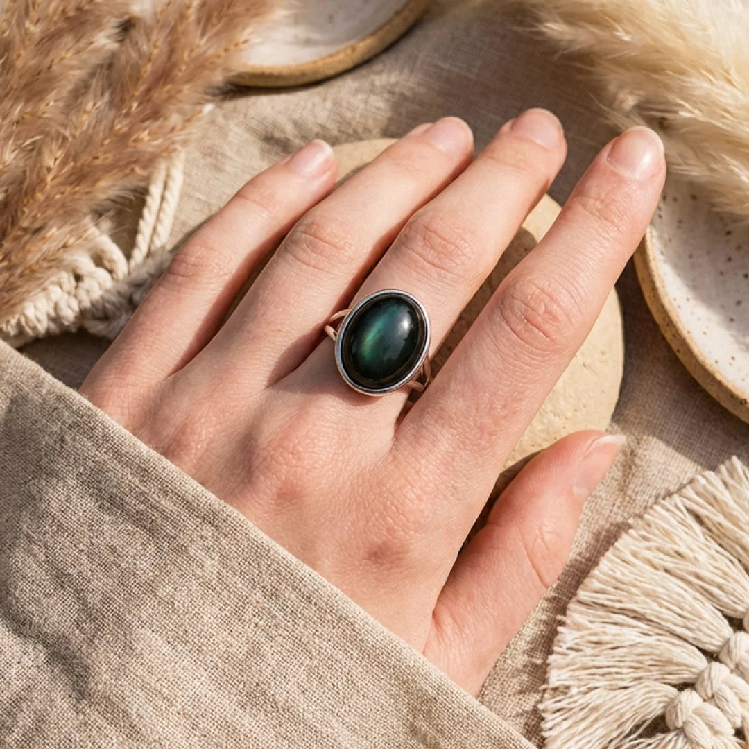 Bague ajustable "éveil de L'âme" en obsidienne oeil céleste