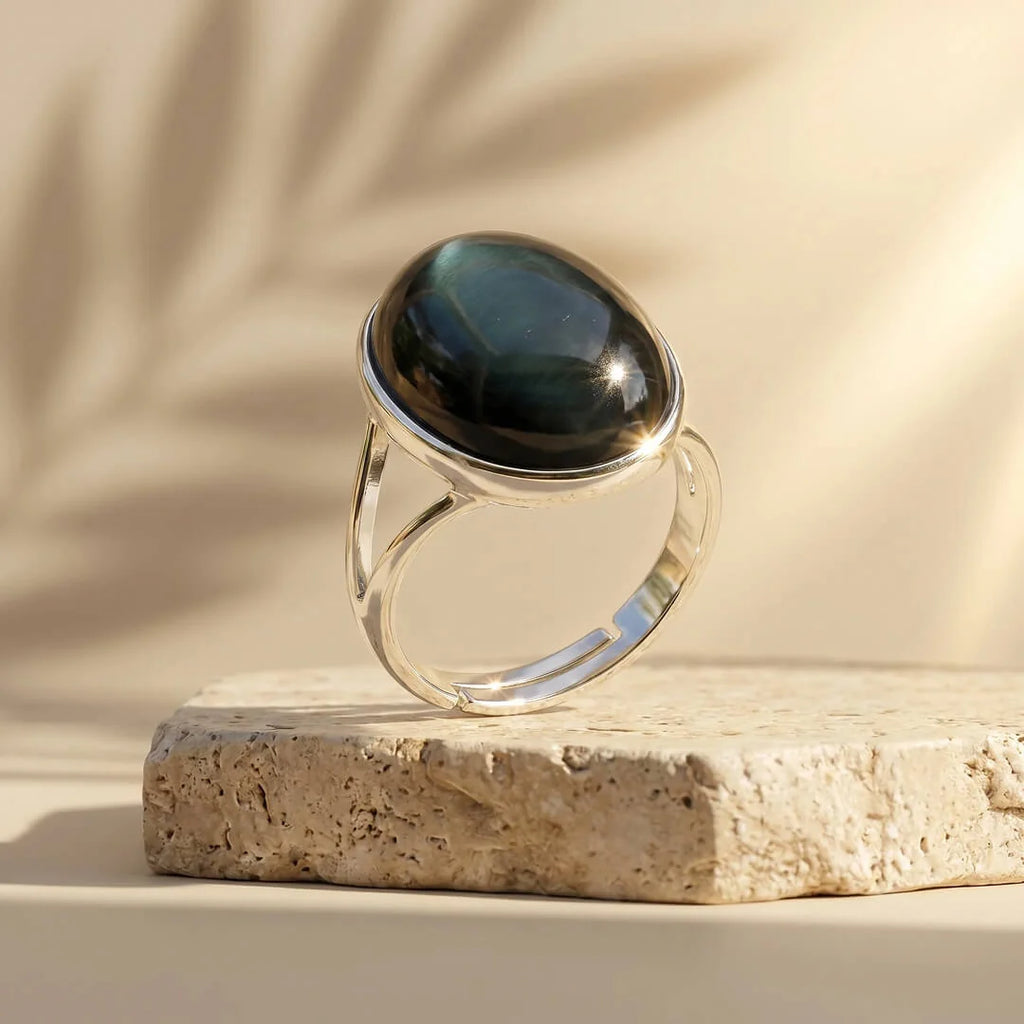 Bague ajustable "éveil de L'âme" en obsidienne oeil céleste