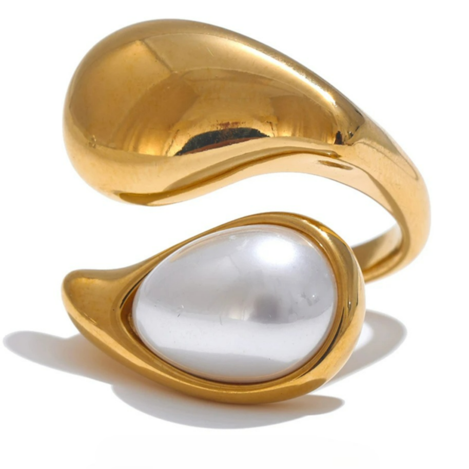 Bague Anneau Goutte d'Eau Perle Blanche or