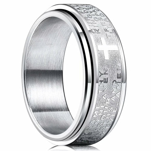 Draaiende anti-stressring met christelijk kruis zilver