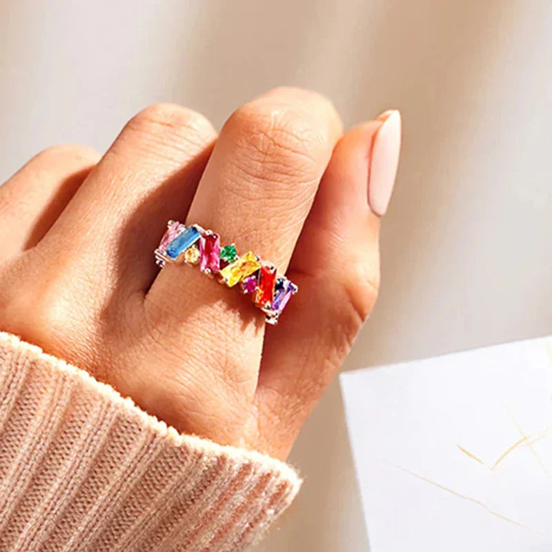 Geometrische regenboogring zilver