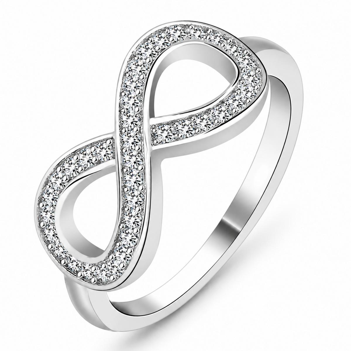 Ring met grafisch ontwerp van een oneindigheidssymbool, versierd met kristallen