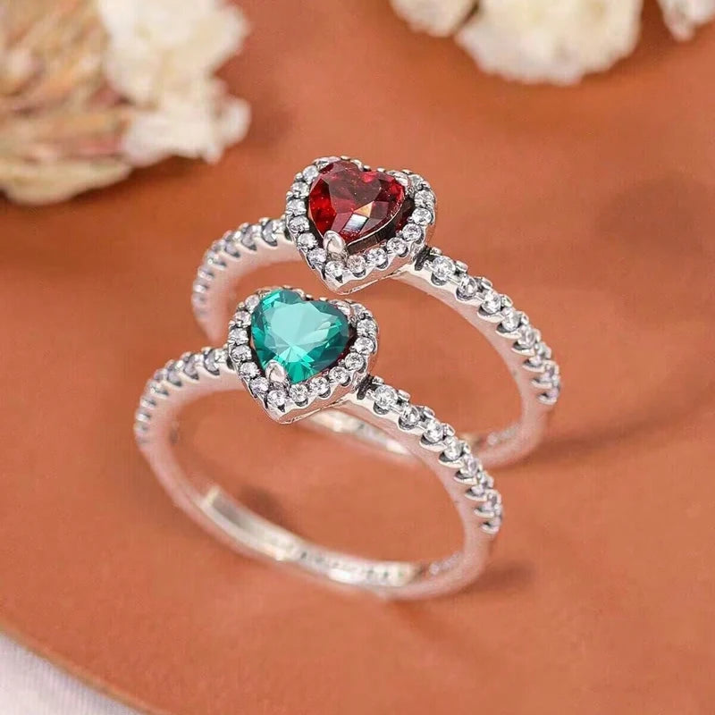 Bague avec Coeur et Zircon vert et argent