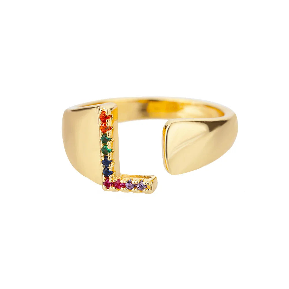 Brede gepersonaliseerde ring met regenbooginitiaal l