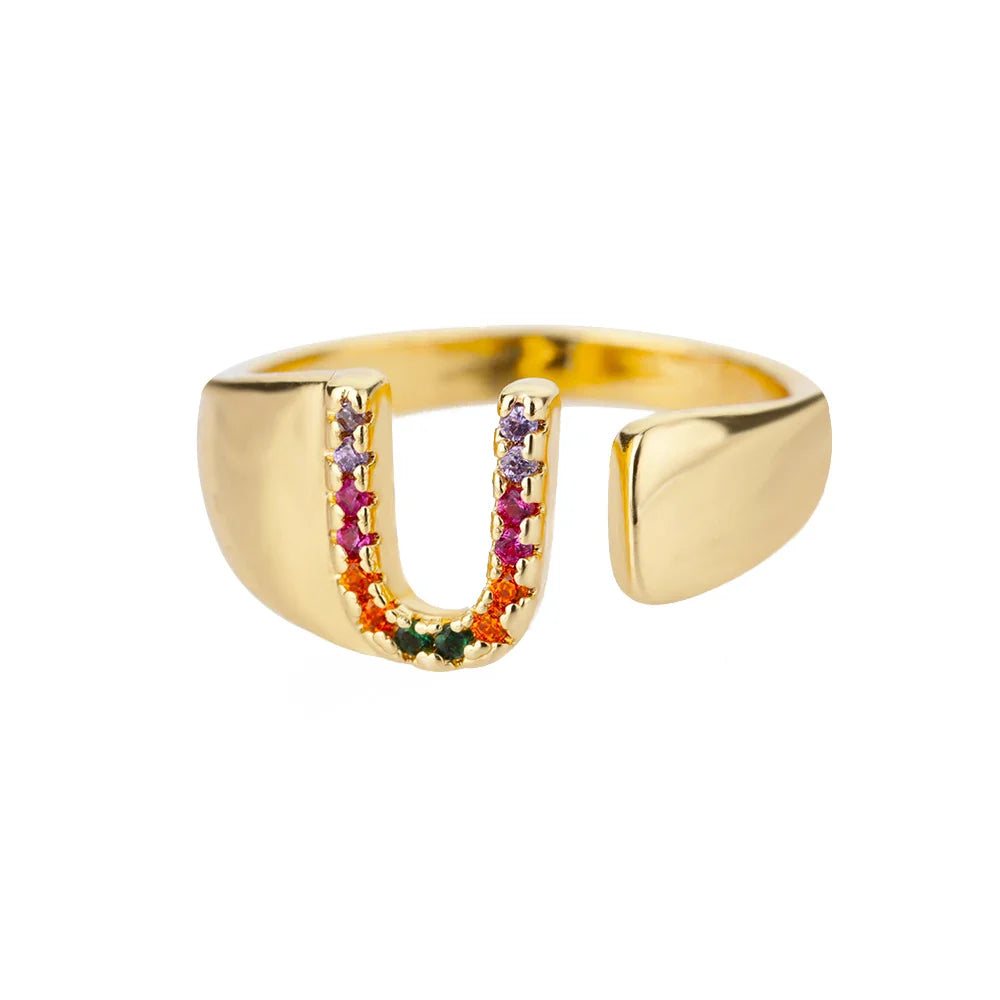 Brede gepersonaliseerde ring met regenbooginitiaal u