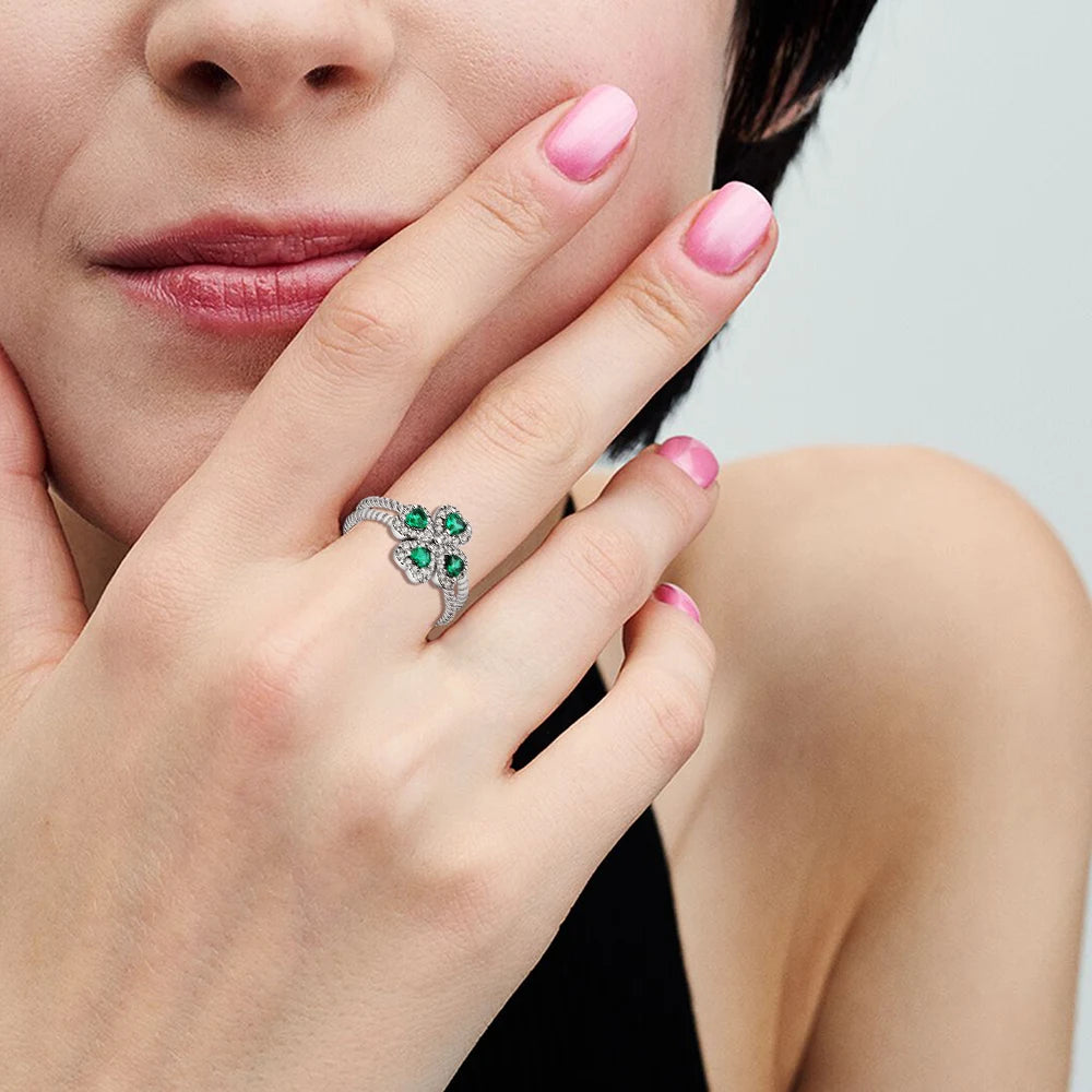 Bague avec Trèfle à 4 Feuilles en Zircon Vert