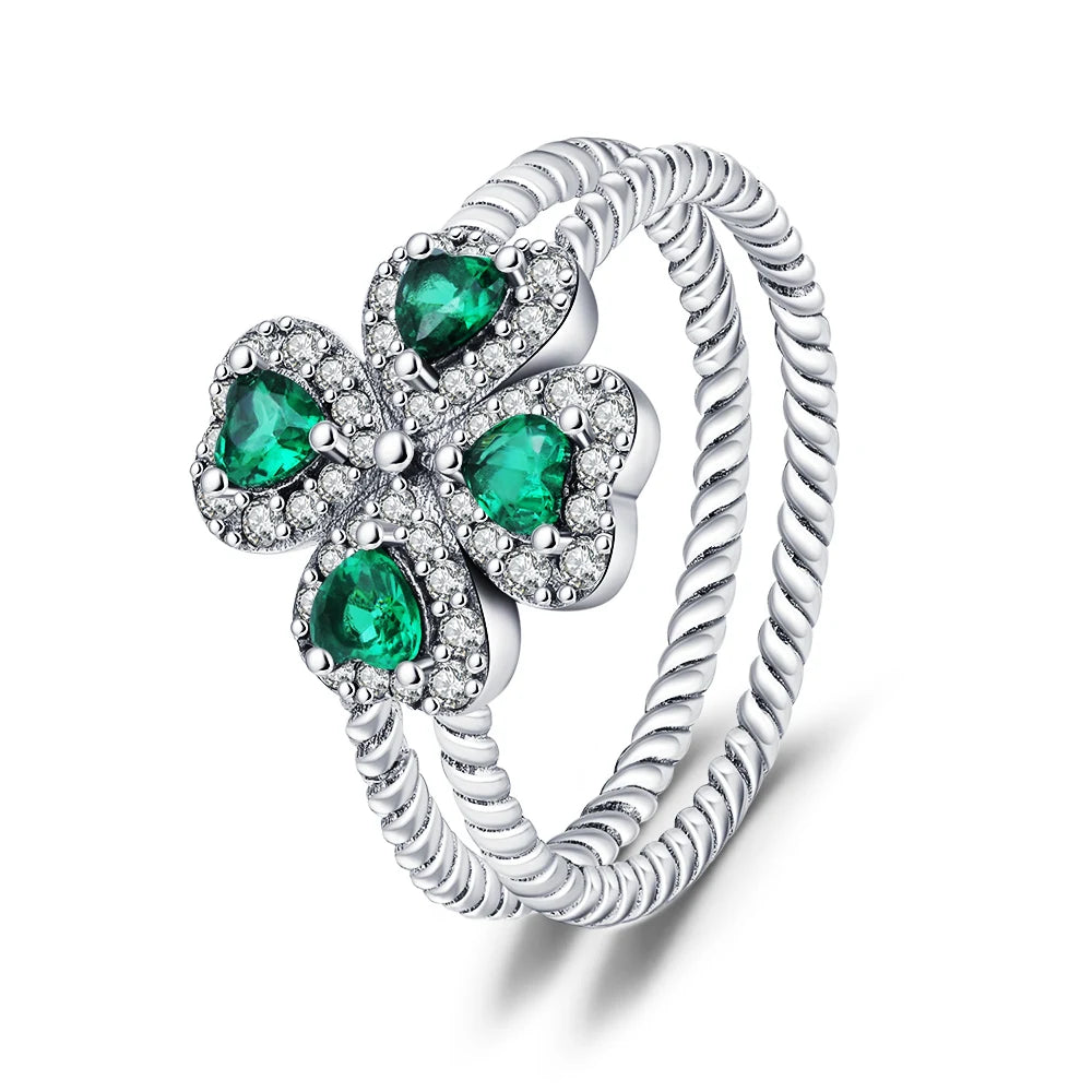 Bague avec Trèfle à 4 Feuilles en Zircon Vert