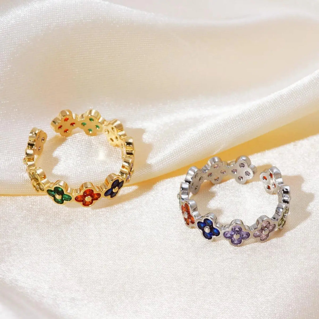 Bague avec Trèfles à 4 Feuilles Colorés en Zircon argent