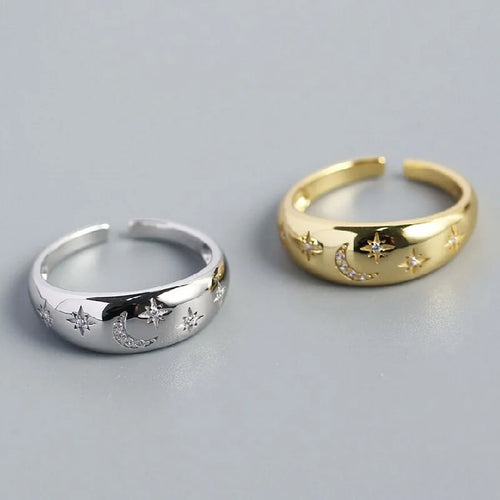 Gewelfde ring "constellatie" halve maan en sterren set van 2 stuks