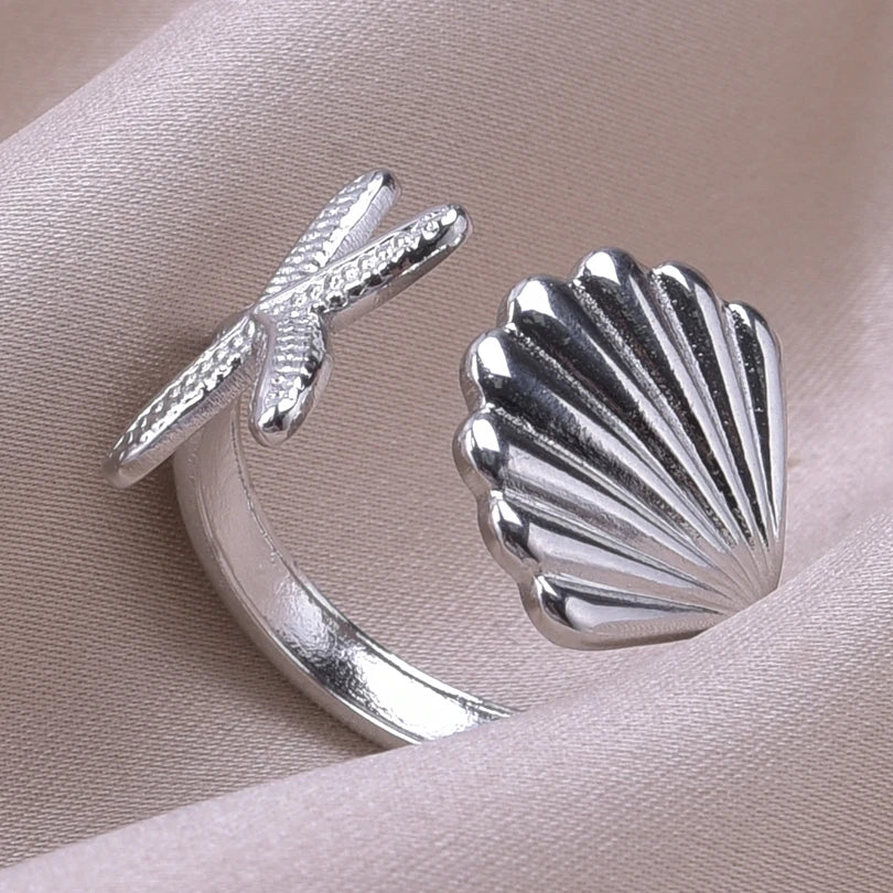 Bague Coquillages Etoile de Mer et Coquille Saint-Jacques argent