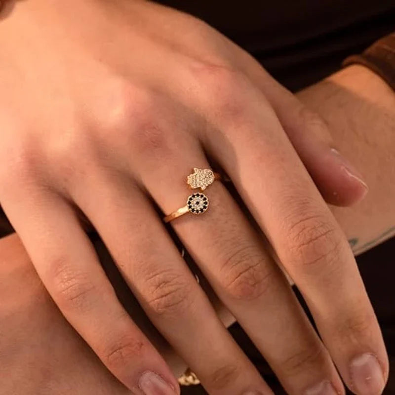 Beschermingsring voor dames met Arabische Fatma-hand in blauw goud