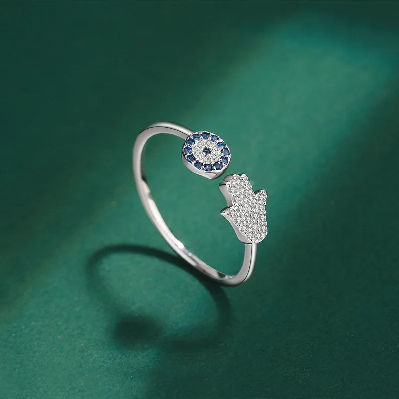 Beschermingsring voor dames met Arabische Fatma-hand in blauw zilver