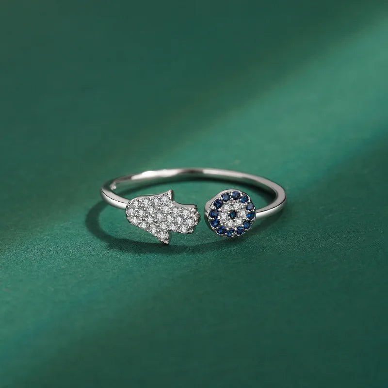 Beschermingsring voor dames met Arabische Fatma-hand in blauw zilver