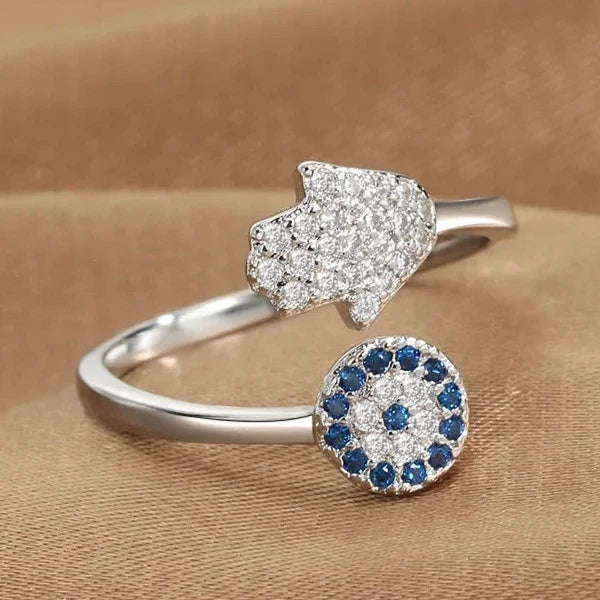 Beschermingsring voor dames met Arabische Fatma-hand in blauw zilver