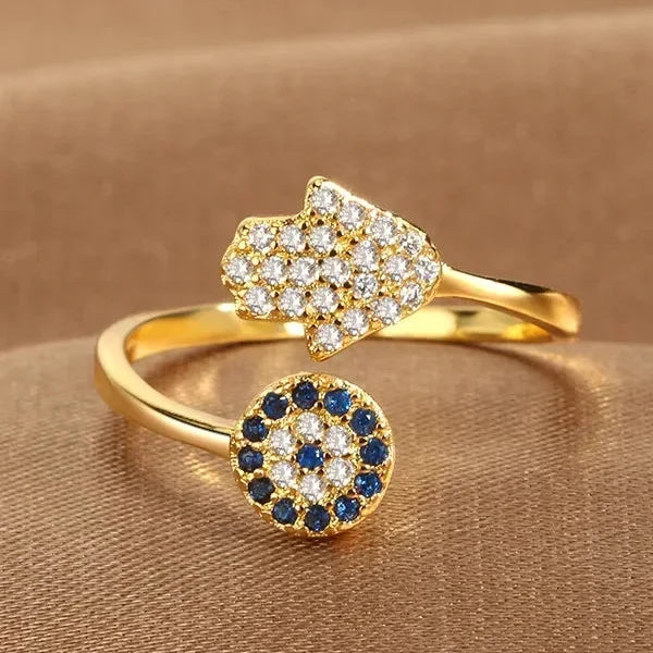 Beschermingsring voor dames met Arabische Fatma-hand in blauw goud
