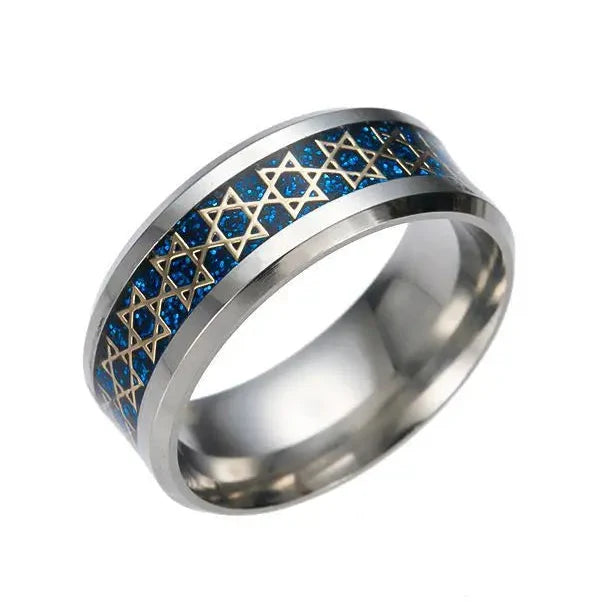 Brede herenring met <span data-glossary-id="etoiles-de-david">Davidsterren</span> joods symbool blauw