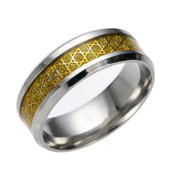 Brede herenring met <span data-glossary-id="etoiles-de-david">Davidsterren</span> joods symbool goud